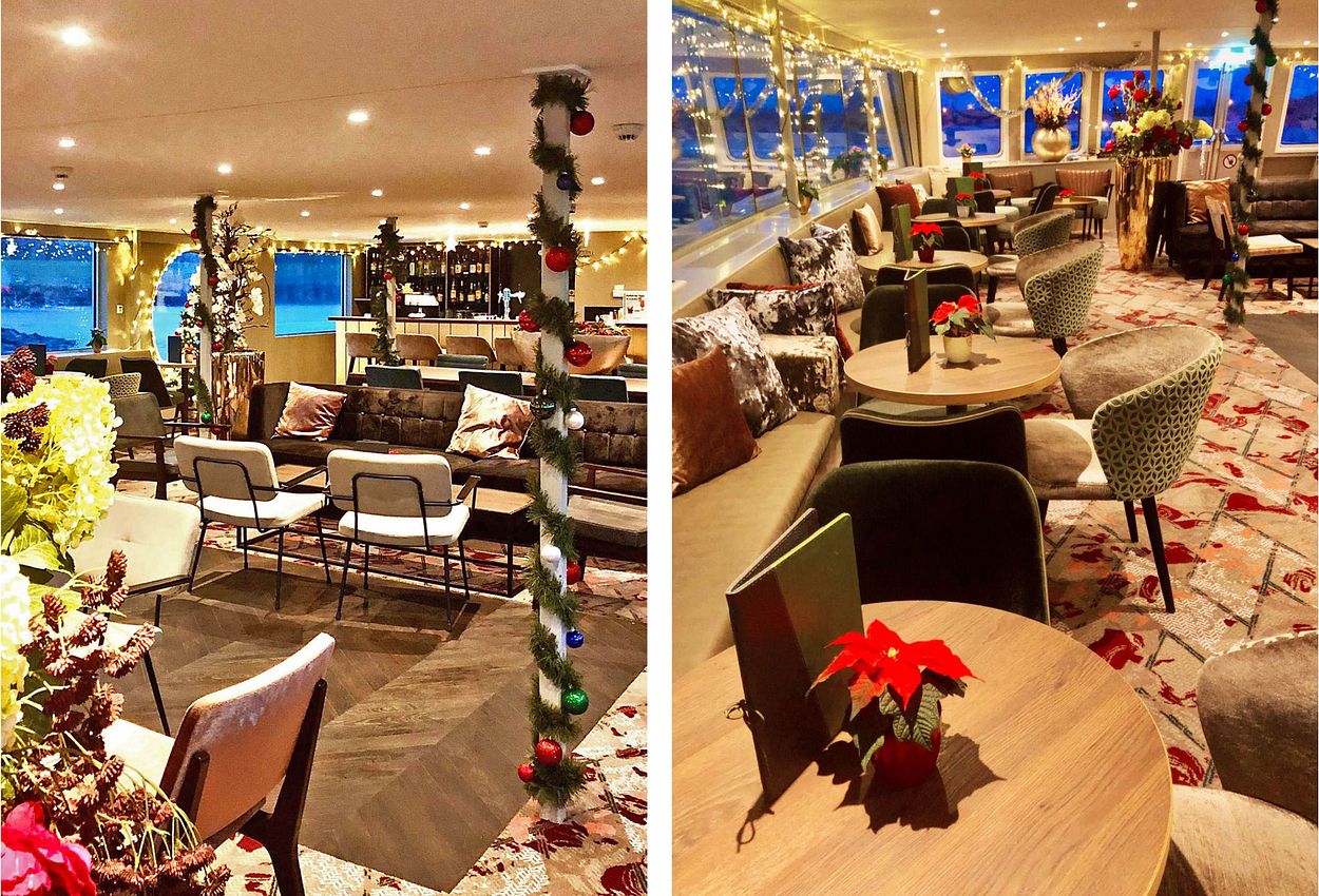 Die weihnachtlich geschmückte Lounge auf MS ARKONA