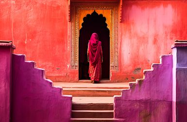 Rajasthani-Frau im fuchsiafarbenen Sari, die die malerische rosa Farbpalette des historischen Jaipur bereichert und den königlichen architektonischen Reiz widerspiegelt