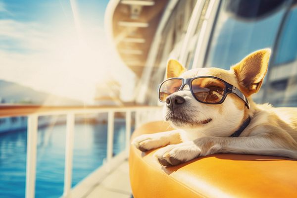 Hund liegt am Pooldeck und entspannt