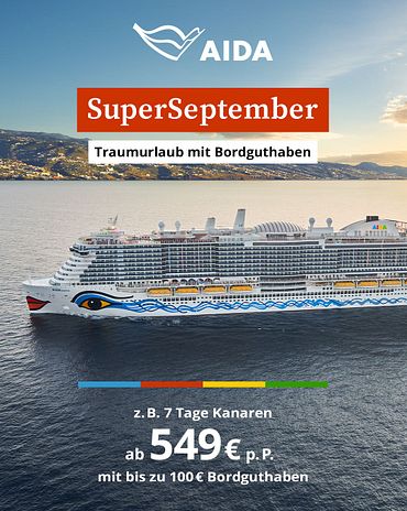 Kreuzfahrtschiff, AIDA, Urlaub, Sonderangebot, SuperSeptember, Bordguthaben, Kanaren, Meer, Sonnenuntergang, Reiseangebot