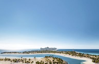 Insel, Meer, Strand, Lagune, Kreuzfahrtschiff, Palmen, Himmel, Küste, Sommer, Urlaub