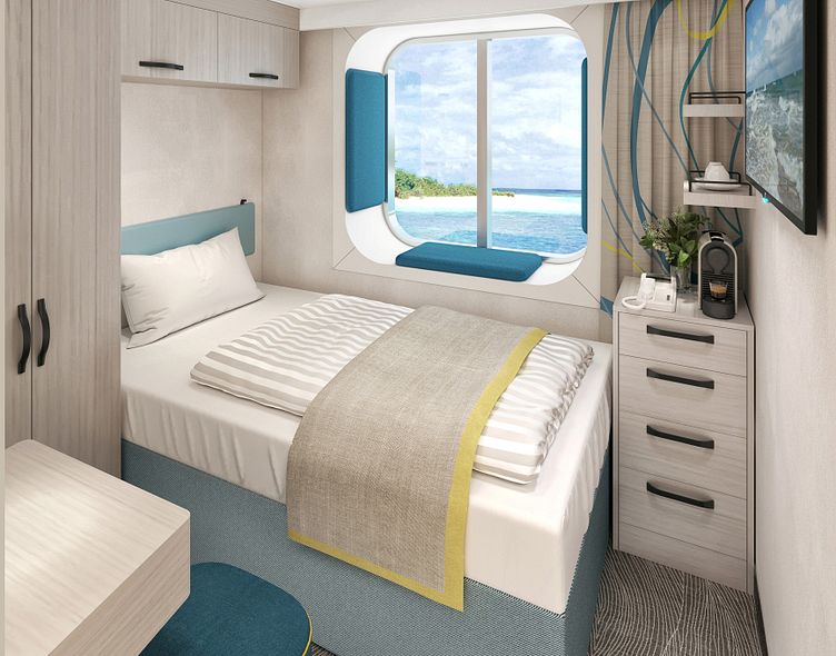 Moderne und helle Einzelkabine Außen auf der Mein Schiff 7