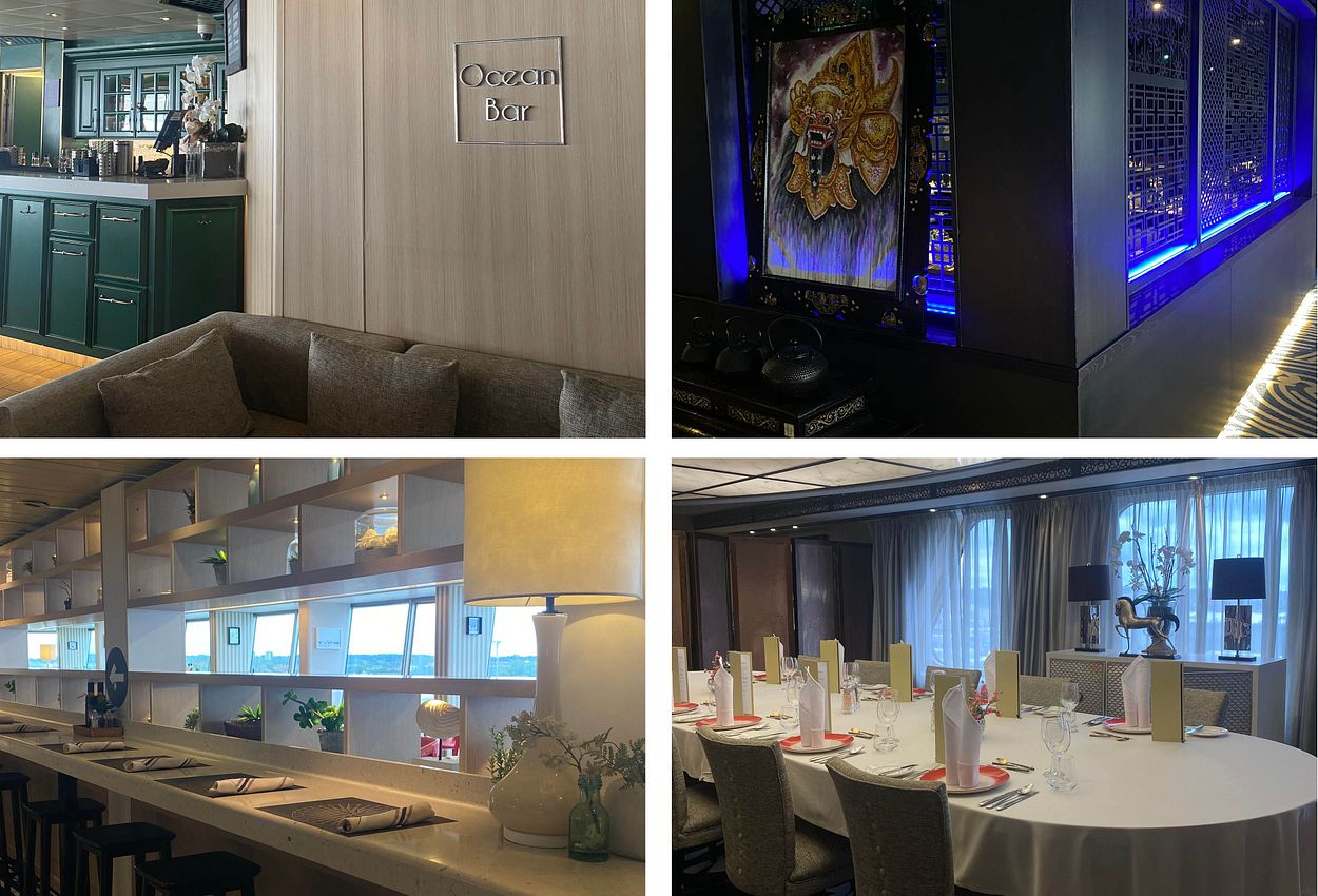 Ocean Bar (o.l.), Eurasia Restaurant (o.r.), Club Bistro (u.l.), Chef's Table (u.r.)