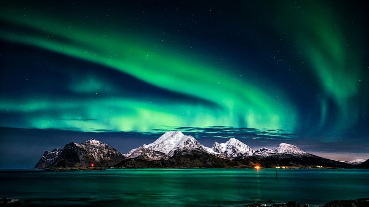 Nordlichter Lofoten Norwegen Europa Berg Meer Insel Himmel