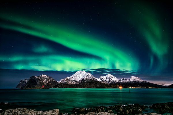 Nordlichter Lofoten Norwegen Europa Berg Meer Insel Himmel